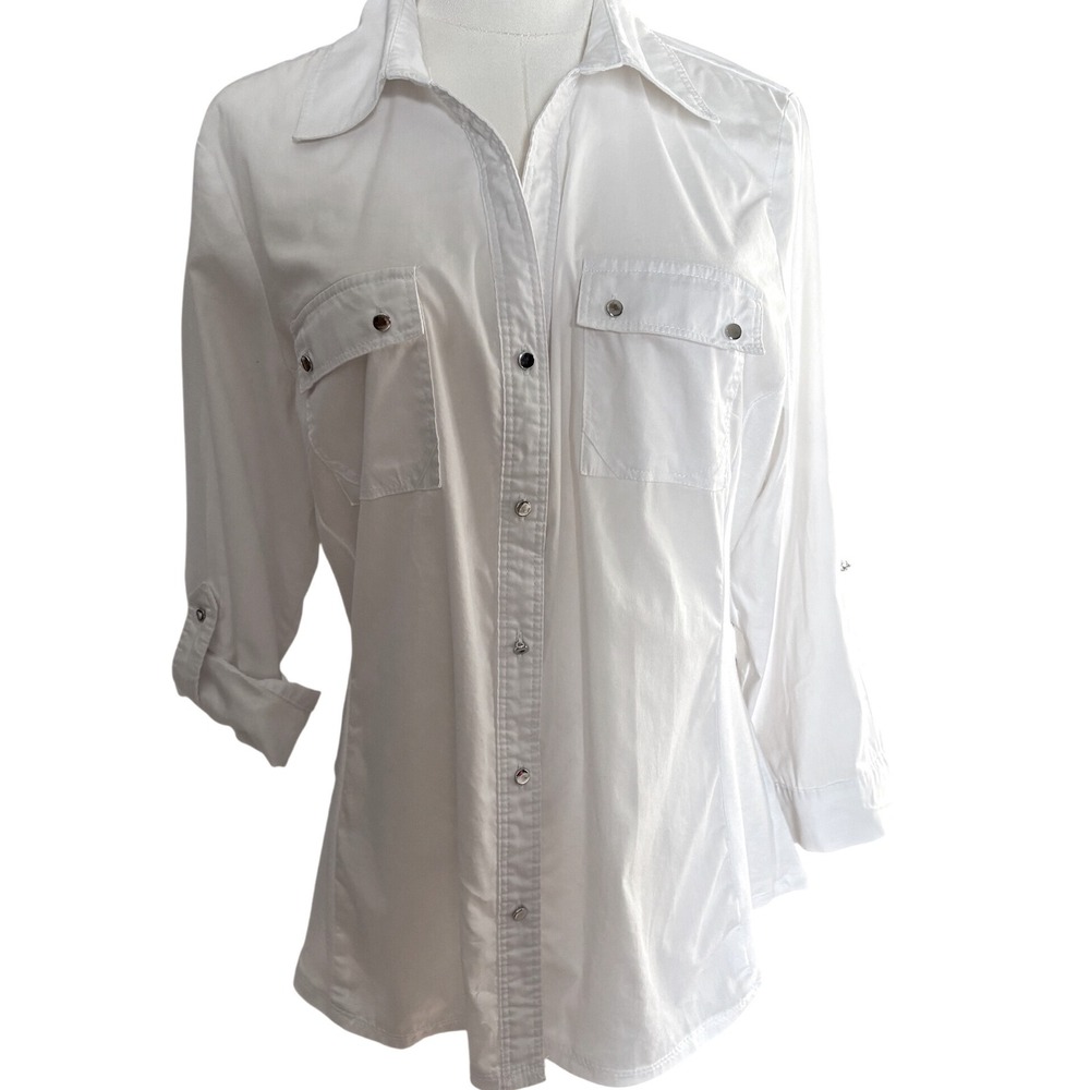 Zac & Rachel Womens White Snap Front Roll Tab Utility Shirt Large